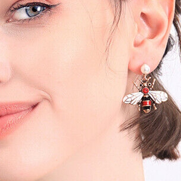 Bee Earrings - Elegant Rare Red Rhinestone Faux Pearl at top -- NWOT - Picture 3 of 5